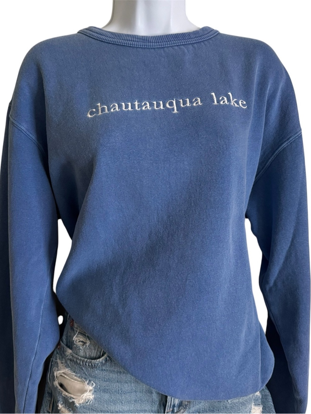 Chautauqua Lake Blue Embroidered Crewneck Sweatshirt Vintage Style S